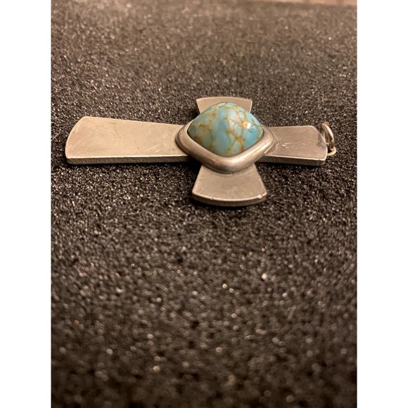Vintage jorgen Jensen Cross Pendant Denmark Pewter Cross w/Turquoise stone - Picture 4 of 8